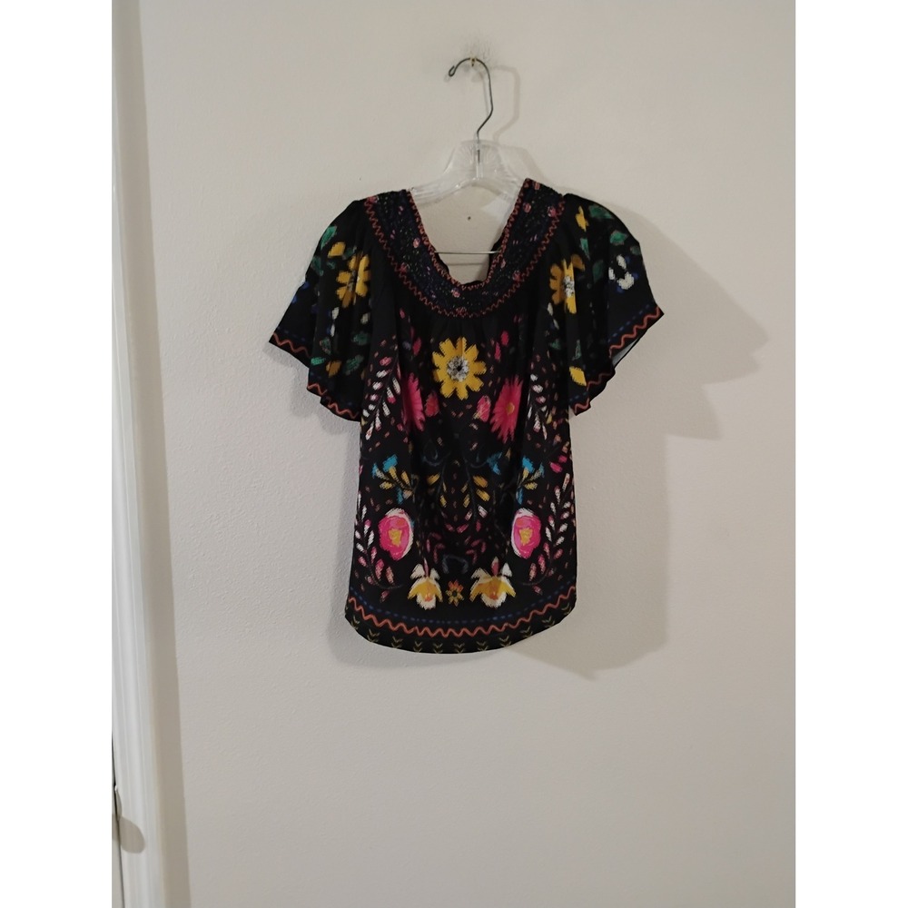 Flying Tomato Black Floral Embroidered Smocked Peasant Blouse Small IT10675